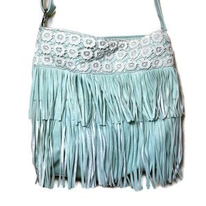 💚 Bohemian Mint Green Fringe Tote Bag with Flower Lace and Magnetic Clasp